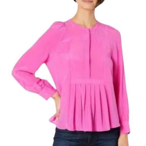 J Crew Blouse Silk Pink Magenta Long Sleeve Pleats Button Cuff‎ Prep Office XS - Picture 1 of 16